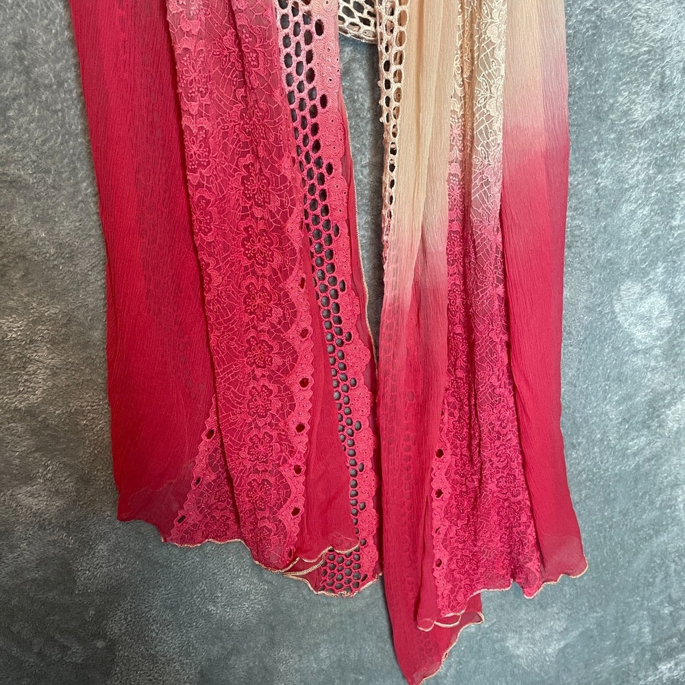 Womens Red Beige Ombre Dupatta Scarf Crochet Boho Festival Ethnic Traditional - Picture 3 of 9